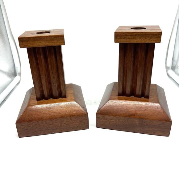 Vintage MCM Paired Wooden CandleStick Holders Square Clean Lines - Picture 9 of 10